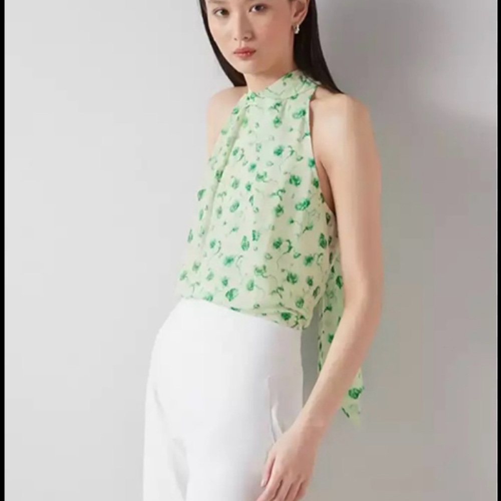 LK Bennett Silk Green Floral Tie-Neck Sleeveless Top